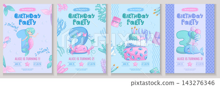 A set of children's birthday invitations with cute sea creatures. Whale, crab, little mermaid. 1, 2, 3 years old. Vector illustration. A set of children's birthday invitations with cute sea creatures. Whale, crab, little mermaid. 1, 2, 3 years old. Vector illustration. 143276346