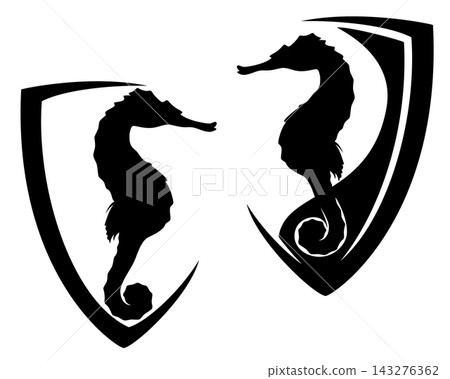 seahorse fish profile silhouette in simple heraldic shield black and white vector set seahorse fish profile silhouette in simple heraldic shield black and white vector set 143276362