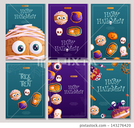 A set of Halloween design templates. Cookies in the form of a mummy, cauldron, ghost, cupcake, cake decorated with bats, eyeballs. "Trick or treat" Isolated vector illustration A set of Halloween design templates. Cookies in the form of a mummy, cauldron, ghost, cupcake, cake decorated with bats, eyeballs. "Trick or treat" Isolated vector illustration 143276420