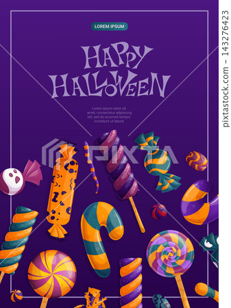 A Halloween flyer design template. Candies, lollipops, marshmallows, caramel canes. "Trick or treat". Vector illustration for the design of posters, banners, invitations. A Halloween flyer design template. Candies, lollipops, marshmallows, caramel canes. "Trick or treat". Vector illustration for the design of posters, banners, invitations. 143276423