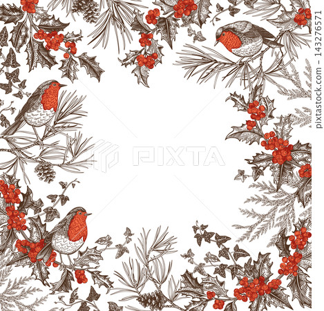 Red and black Christmas frame with robins, holly, ivy, and pine. Engraved style card with copy space. Transparent background. Red and black Christmas frame with robins, holly, ivy, and pine. Engraved style card with copy space. Transparent background. 143276571