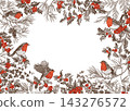 Vintage Christmas frame with robins, holly berries, pine branches, and ivy. Engraved style border illustration with copy space for holiday cards and winter designs. Transparent background. 143276572