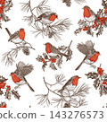 Seamless vintage Christmas pattern with robins, holly berries, and pine branches. Engraved style illustration for holiday textiles, wrapping paper, and winter designs. Transparent background. 143276573