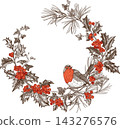 Christmas wreath with a robin, holly berries, ivy, and pine branches. Engraved style round frame for holiday cards and winter designs. Red and black. 143276576
