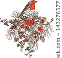 Christmas card with robin perched on holly branches with red berries, ivy, and pine cones. Art line style. 143276577