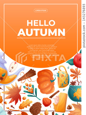 A flyer design template with autumn leaves, drinks and food. The concept of autumn, Thanksgiving day. Vector illustration for seasonal design of banners, posters, promotions, invitations. A flyer design template with autumn leaves, drinks and food. The concept of autumn, Thanksgiving day. Vector illustration for seasonal design of banners, posters, promotions, invitations. 143276893