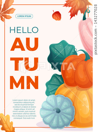 A flyer design template with colorful pumpkins standing on top of each other and autumn leaves. The concept of autumn, Thanksgiving day. Vector illustration for design of banner, poster, promotion A flyer design template with colorful pumpkins standing on top of each other and autumn leaves. The concept of autumn, Thanksgiving day. Vector illustration for design of banner, poster, promotion 143277028