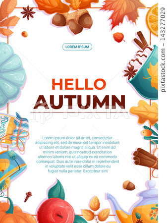 A flyer design template with autumn leaves, drinks and food. The concept of autumn, Thanksgiving day. Vector illustration for seasonal design of banners, posters, promotions, invitations. 143277029