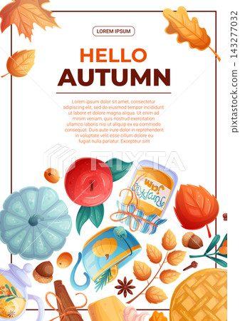 A flyer design template with autumn leaves, drinks and food. The concept of autumn, Thanksgiving day. Vector illustration for seasonal design of banners, posters, promotions, invitations. A flyer design template with autumn leaves, drinks and food. The concept of autumn, Thanksgiving day. Vector illustration for seasonal design of banners, posters, promotions, invitations. 143277032