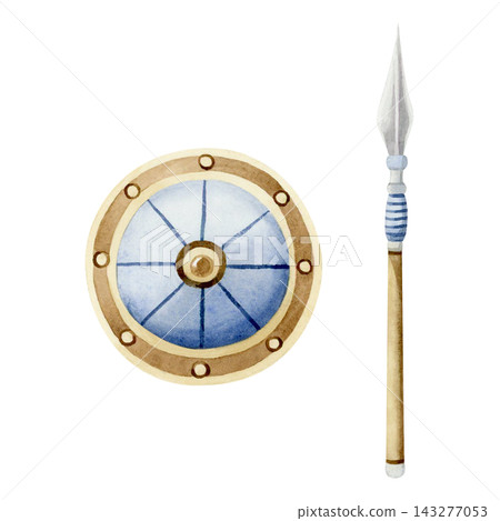 Ancient shield and spear watercolor illustration isolated on white. Jewish Hanukkah miracle symbols of the Maccabees story for holiday. Historical drawing in blue, brown and gold colors Ancient shield and spear watercolor illustration isolated on white. Jewish Hanukkah miracle symbols of the Maccabees story for holiday. Historical drawing in blue, brown and gold colors 143277053