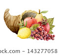 Watercolor cornucopia filled with fruits isolated illustration. Hand drawn grapes, pomegranate, apple, pear and lemon in wicker horn of plenty for fall harvest holiday, Sukkot and Thanksgiving Day 143277058