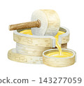 Ancient Mediterranean stone olive press with dripping oil watercolor illustration isolated on white. Hand drawn symbol of Hanukkah miracle. Roman Italian history sketch in simple style 143277059