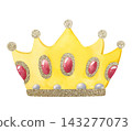 Golden crown with red gemstones and gold glitter watercolor isolated illustration for Purim, Mardi Gras, carnival and masquerade costume designs. Hand drawn royal symbol in minimalist simple style 143277073