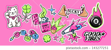 Lucky sticker set with colorful cartoon charms 143277251