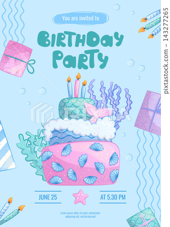 Design a children's birthday invitation with a festive cake in a nautical style, candles, and gifts. Vector illustration. Design a children's birthday invitation with a festive cake in a nautical style, candles, and gifts. Vector illustration. 143277265