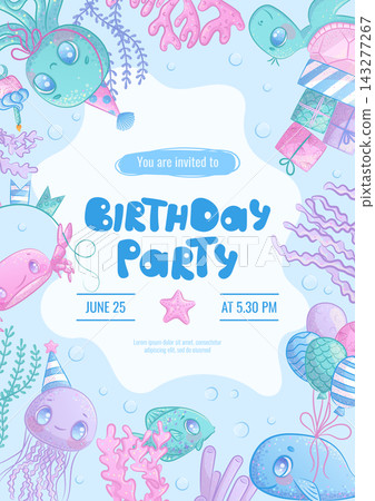 Design a children's birthday party invitation with cute cartoon sea animals. Whale, crab, octopus, jellyfish, turtle, fish. Vector illustration. Design a children's birthday party invitation with cute cartoon sea animals. Whale, crab, octopus, jellyfish, turtle, fish. Vector illustration. 143277267