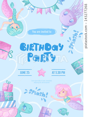 Design a children's birthday party invitation with cute cartoon sea animals. Jellyfish, mermaid, turtle, gifts. Vector illustration. Design a children's birthday party invitation with cute cartoon sea animals. Jellyfish, mermaid, turtle, gifts. Vector illustration. 143277268