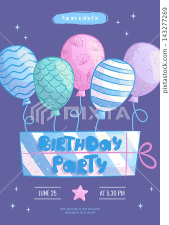 Design a children's birthday party invitation in the underwater world style. Balloons and a gift box. Vector illustration. Design a children's birthday party invitation in the underwater world style. Balloons and a gift box. Vector illustration. 143277269