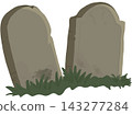 Spooky Halloween graveyard illustration featuring two large, weathered tombstones surrounded by overgrown grass. 143277284