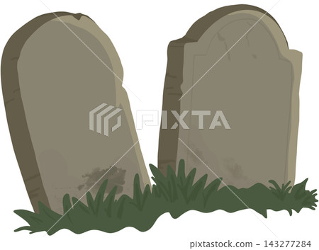 Spooky Halloween graveyard illustration featuring two large, weathered tombstones surrounded by overgrown grass. 143277284