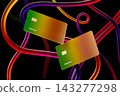 Bank cards with colorful interconnected lines symbolizing digital payments, online banking, finance and secure transactions. 3D CGI concept of global networks, fintech, and financial services 143277298
