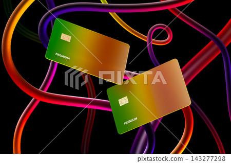 Bank cards with colorful interconnected lines symbolizing digital payments, online banking, finance and secure transactions. 3D CGI concept of global networks, fintech, and financial services Bank cards with colorful interconnected lines symbolizing digital payments, online banking, finance and secure transactions. 3D CGI concept of global networks, fintech, and financial services 143277298