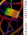 Bank cards with colorful interconnected lines symbolizing digital payments, online banking, finance and secure transactions. 3D CGI concept of global networks, fintech, and financial services 143277300