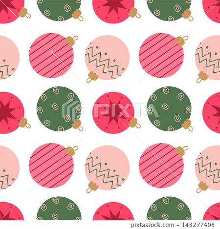 Christmas seamless pattern with green and pink baubles background for holiday design 143277405