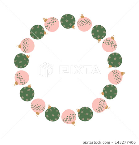 Christmas frame with green and pink baubles wreath border for holiday card background Christmas frame with green and pink baubles wreath border for holiday card background 143277406