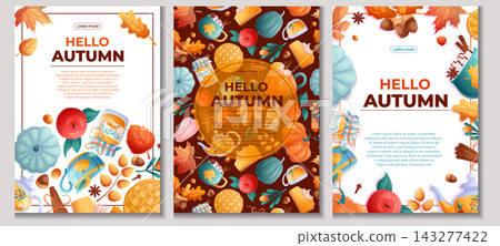 A set of flyer design templates with autumn leaves, drinks and food. The concept of autumn, Thanksgiving day. Vector illustration for seasonal design of banners, posters, promotions, invitations. A set of flyer design templates with autumn leaves, drinks and food. The concept of autumn, Thanksgiving day. Vector illustration for seasonal design of banners, posters, promotions, invitations. 143277422
