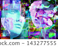 Digital glitch collage with antique Venus bust and CD discs, symbolizing digital decay, data corruption, loss of information, pixel artifacts, and media archaeology. 143277555