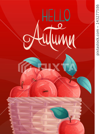 Greeting card template with juicy red apples in a wicker basket. "Hello autumn." Vector illustration for seasonal design of banners, posters and promotions. Greeting card template with juicy red apples in a wicker basket. "Hello autumn." Vector illustration for seasonal design of banners, posters and promotions. 143277586