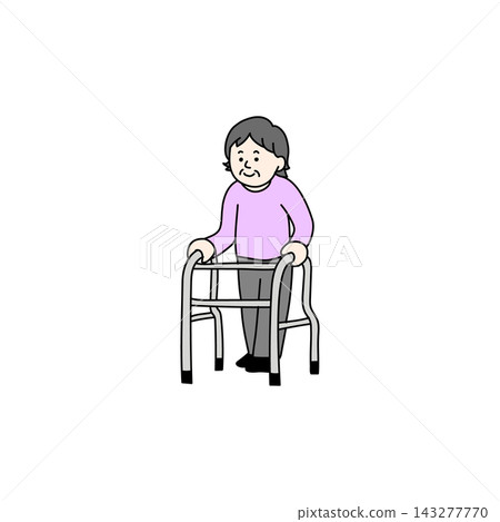 Illustration of an elderly woman walking with a walker. Illustration of an elderly woman walking with a walker. 143277770
