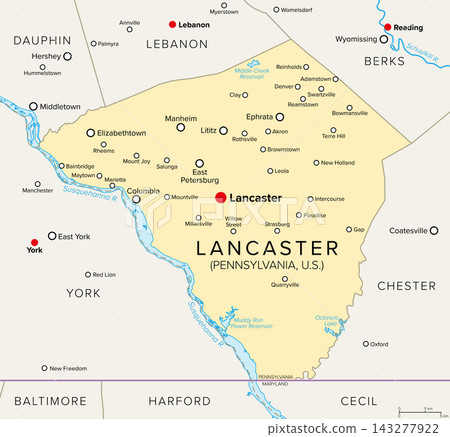 Lancaster County, Pennsylvania, United States, political map with county seat Lancaster. Nicknamed Garden Spot of America, or Pennsylvania Dutch County. Home to the oldest Amish community. Vector Lancaster County, Pennsylvania, United States, political map with county seat Lancaster. Nicknamed Garden Spot of America, or Pennsylvania Dutch County. Home to the oldest Amish community. Vector 143277922