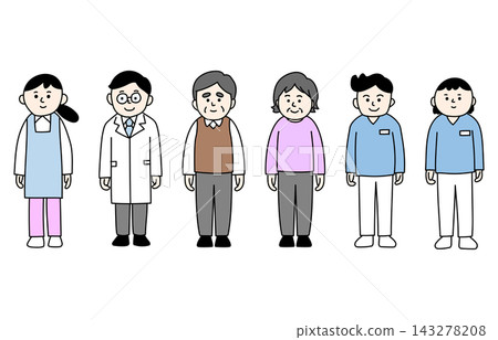 一組描繪老年人、醫生和護理人員的插圖。 一組描繪老年人、醫生和護理人員的插圖。 143278208