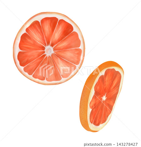 Bright watercolor illustration of juicy grapefruit slices with textured slices and multicolored peel on a white background. Suitable for textiles, tableware, menus. Bright watercolor illustration of juicy grapefruit slices with textured slices and multicolored peel on a white background. Suitable for textiles, tableware, menus. 143278427