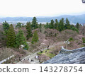 從敦賀城（會津若松城）天守閣眺望會津若松市的城堡庭院和城鎮風光，櫻花盛開。 143278754