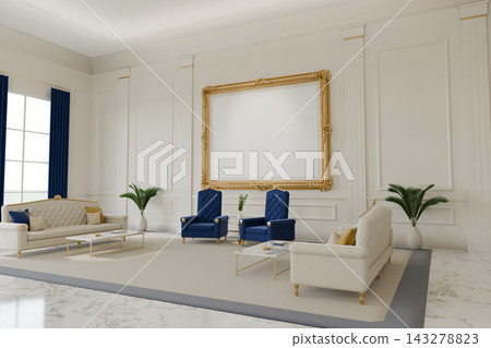 Luxury state reception room with a giant blank gold frame, tall windows and velvet drapes Luxury state reception room with a giant blank gold frame, tall windows and velvet drapes 143278823