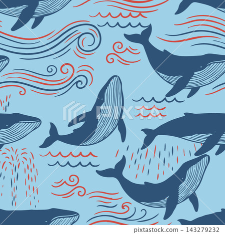 Repeating whale artwork with deep blue sea animal shapes, curling waves, striped fins, and scattered splash marks on soft light blue background, creating lively nautical pattern for decor and textiles Repeating whale artwork with deep blue sea animal shapes, curling waves, striped fins, and scattered splash marks on soft light blue background, creating lively nautical pattern for decor and textiles 143279232