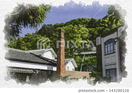 Watercolor-style painting of Tatsuno Castle Town, Soy Sauce Village, Taisho Roman Museum, Kuraterasu Tatsuno, Tatsuno City, Hyogo Prefecture Watercolor-style painting of Tatsuno Castle Town, Soy Sauce Village, Taisho Roman Museum, Kuraterasu Tatsuno, Tatsuno City, Hyogo Prefecture 143280128