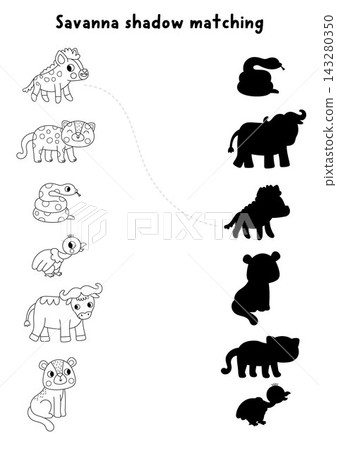 Savanna black and white shadow matching activity with wild animals. Safari line puzzle with hyena, leopard, snake. African savannah find correct silhouette coloring page, game with lioness Savanna black and white shadow matching activity with wild animals. Safari line puzzle with hyena, leopard, snake. African savannah find correct silhouette coloring page, game with lioness 143280350