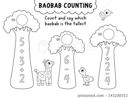Black and white counting game with cute baobabs and savanna animals. Safari line math addition activity for kids. Simple sums African savannah coloring page with baby giraffe, tree trunks Black and white counting game with cute baobabs and savanna animals. Safari line math addition activity for kids. Simple sums African savannah coloring page with baby giraffe, tree trunks 143280352