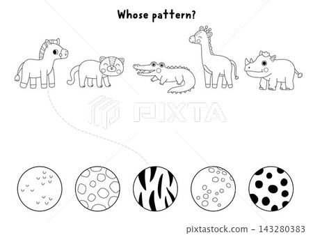 Safari black and white matching activity with animals and skin patterns. Savannah line puzzle with zebra, leopard, crocodile, giraffe, rhinoceros. Match object game with fur ornament. Wildlife 143280383