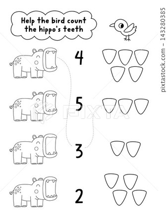 Black and white match the numbers safari game with hippopotamus and teeth. Savanna line nature math activity for kids. African savannah wildlife counting coloring page with cute animal Black and white match the numbers safari game with hippopotamus and teeth. Savanna line nature math activity for kids. African savannah wildlife counting coloring page with cute animal 143280385