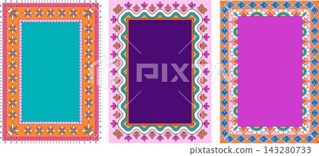 Colorful Diwali decorative frames with geometric and floral motifs. Vibrant festive ethnic design Colorful Diwali decorative frames with geometric and floral motifs. Vibrant festive ethnic design 143280733