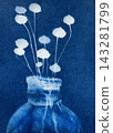 Sun printing, or cyanotype. Plants are arranged on watercolor paper coated with a special light-sensitive solution, resulting in a print with a rich 143281799