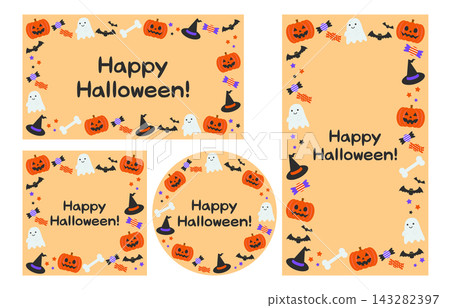 Cute Halloween orange frame background vector illustration set [with text] 143282397