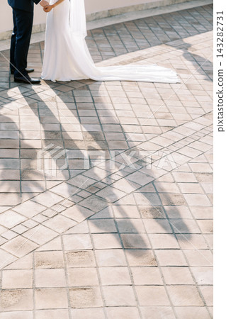 Bride and Groom Holding Hands on Tiled Terrace Bride and Groom Holding Hands on Tiled Terrace 143282731