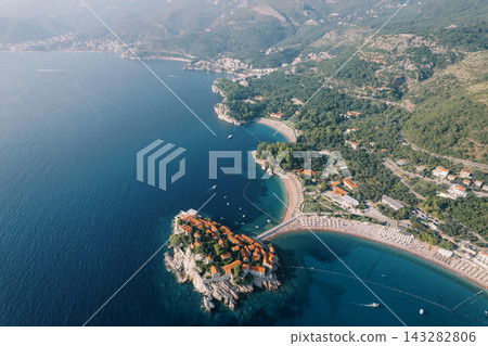 Aerial View of Sveti Stefan Island and Aman Hotel Montenegro Aerial View of Sveti Stefan Island and Aman Hotel Montenegro 143282806