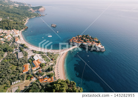 Aerial View of Sveti Stefan Island Resort and Budva Coastline Montenegro Aerial View of Sveti Stefan Island Resort and Budva Coastline Montenegro 143282955